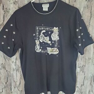 Bon Worth Black Crazy Cat Lady T-shirt,  Embroidered Paw Sleeves Cottagecore Med